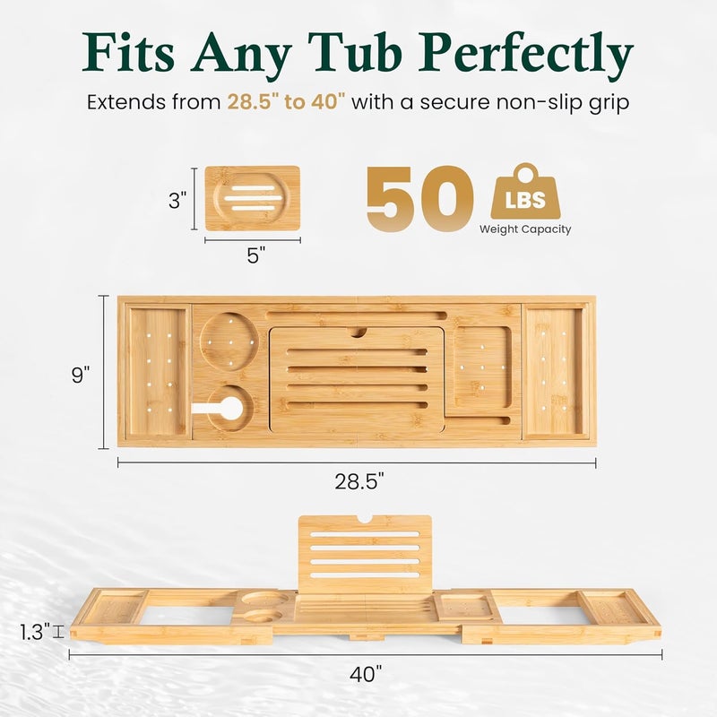 Realgulf Bamboo Bathtub Tray, Bath Caddy with Wine Glass Holder, Phone Dock & Book Stand | Hands-Free Reading & Ultimate Spa Relaxation Experience-Natural - Image 2